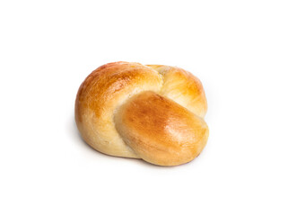 Single yeast bread bun in perspective view. One baked braided yeast knot roll with egg wash....