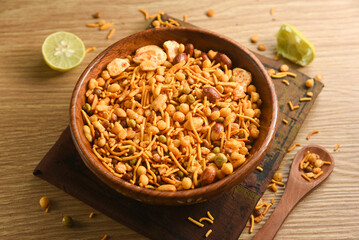 Traditional indian deep fried salty dish - chivda or mixture or farsan or namkeen made of gram...