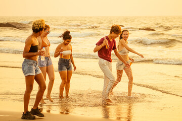 Multi-ethnic group of friends dance at the beach