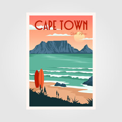 table mountain view in cape town vintage poster illustration design, vintage surf poster design - obrazy, fototapety, plakaty