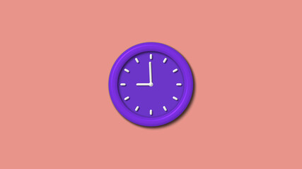 New purple color 3d wall clock isolated on red light background, 12 hours 3d wall clock