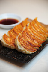 fried gyuza looks so yummy served on black plate