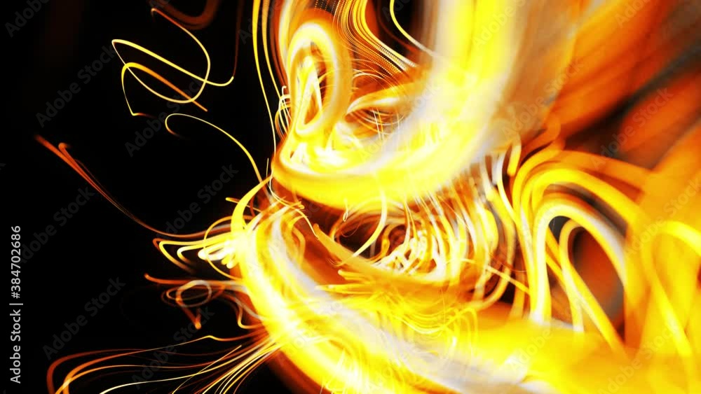 Poster flow of particles forms curled yellow lines like glow light trails or streaks, lines form swirling p