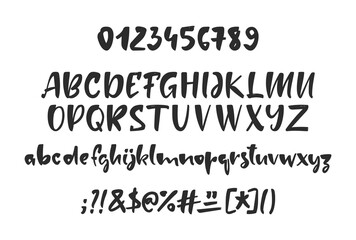 Vector Hand drawn brush Font. English Alphabet letters with Numbers and punctuation.