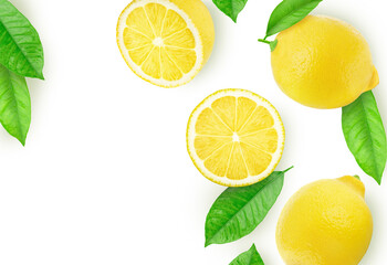 Composition with lemons and leaves on a white background.
