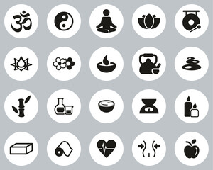 Yoga Exercise & Yoga Lifestyle Icons Black & White Flat Design Circle Set Big