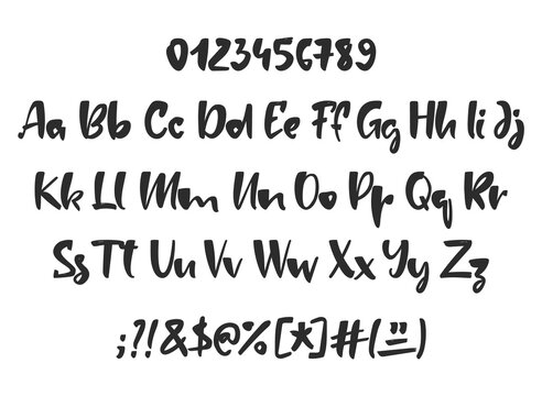 Vector Handwritten brush Font. English Alphabet letters with Numbers and punctuation.