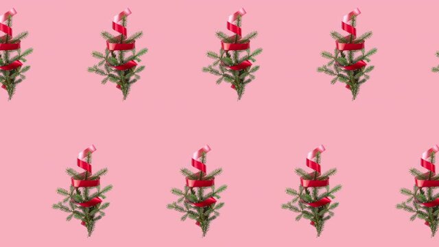 seamless pattern animation with many spruce branches and red curly ribbon. movement in two rows directions. Christmas tree and new year concept with copy space on pink pastel background