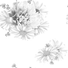 Floral Seamless Pattern with peony, Chamomile (Daisy), spring flowers. Blooming Flowers on white Background. Gray scale. Vector