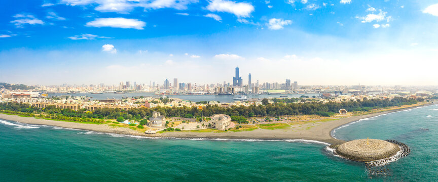 Aerial View Panoramic Of Kaohsiung City Harbor And Cijin Beach . Taiwan.