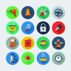 Fototapeta premium auto repair flat style icons set, drill, steering wheel, lock, key, gas station, car, wash, isolated vector illustration. Design for web and mobile app.