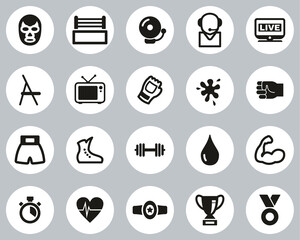 Wrestling Sport & Equipment Icons Black & White Flat Design Circle Set Big