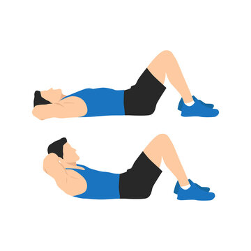 Man doing crunches in the gym. Belly burn workout. Guy make exercise. ABS workout. Healthy and active lifestyle. Isolated vector illustration