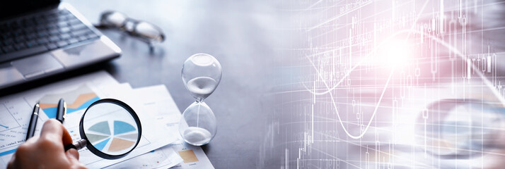 Working time symbolizes an hourglass. Office desk of insurance manager and banker. Office employee...