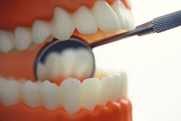 Obraz premium Dentist's office. Dentist examines the oral cavity before treatment. The doctor shows a course of treatment. Caries jaw treatment. Implantation and installation of veneers.