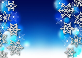 銀色のラメの雪の結晶　青のグラデーション背景　ふわふわの青のドット　冬のフレーム素材