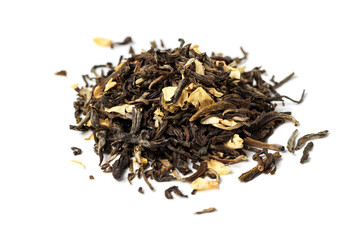 Dry tea with various additives on white background, side view