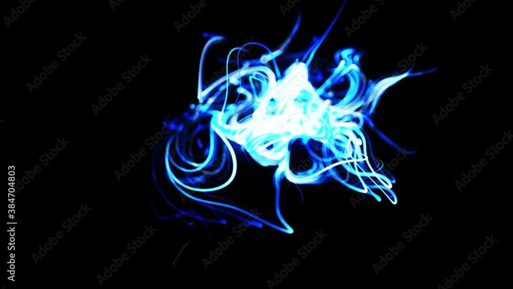 Poster fast lines of light streaks. stream of particles forms curled blue lines like glow light trails, lin