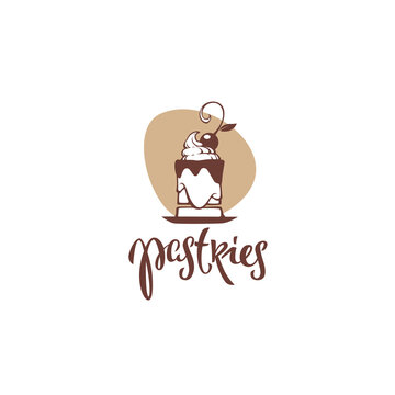 pastries. bakery logo emblem, with lettering composition and image of fancy cake