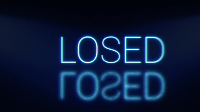 Closed bright glowing neon blinking signboard. Blue letters with shadow.