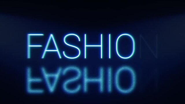 Fashion bright glowing neon blinking signboard. Blue letters with shadow.