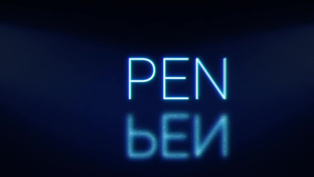 Open bright glowing neon blinking signboard. Blue letters with shadow.