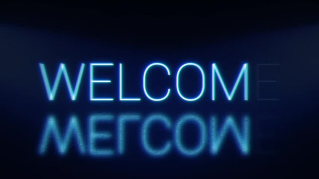 Welcome bright glowing neon blinking signboard. Blue letters with shadow.