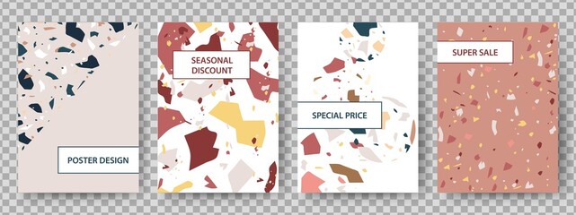 Terrazzo poster. Broken tiles abstract art background. stone texture discount special price flyers. Marble cover card design, shopping sale banner vector template. Illustration terrazzo background