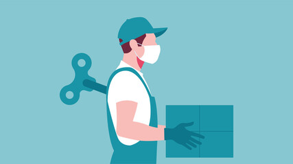 Courier, delivery man like mechanical doll -  young man with mechanic doll key in back. Concept of hard work, tired, Burnout, stress. 