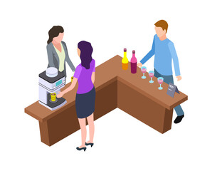 Coffee break. Woman and hot drinks machine. Isometric wine tasting bar counter with bottles and glasses vector illustration. Man and woman staff prepare latte to takeaway