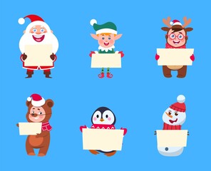 Christmas characters. Santa Claus, elf snowman holding banners. Cute cartoon kids wear holiday costume with paper placards. Penguin bear deer new year persons vector illustration