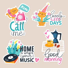 Modern style stickers and labels with funny trendy elements and cats
