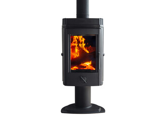 Wood stove fireplace with metal body and glass door isolated