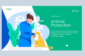 Veterinary clinic landing page template. Veterinarian examining cat with stethoscope. Animal protection and pet healthcare. Domestic animal careness flat vector illustration