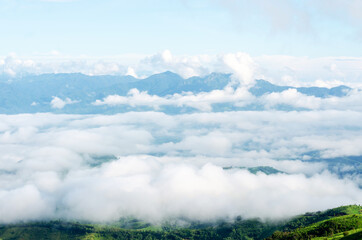 Panoramic views of the misty white mountains