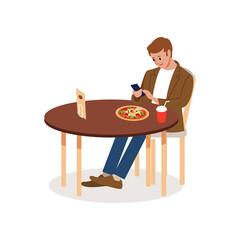 A man Visits a pizzeria Making an Order. Full length profile shot of a man looking at a smartphone at a table isolated on a white background. Flat vector illustration