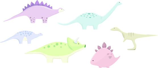 Set of cute multicolored dinosaurs. Soft colors. Vector