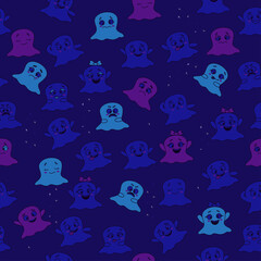 Halloween pattern. Seamless pattern with cute little cartoon colored ghosts and different emotions on a dark blue background - joy and relaxation, happiness and anger. Vector. for paper, textile