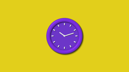 Amazing purple color 3d wall clock isolated on yellow background, 12 hours wall clock