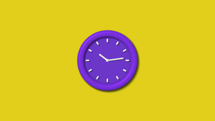 Amazing purple color 3d wall clock isolated on yellow background, 12 hours wall clock