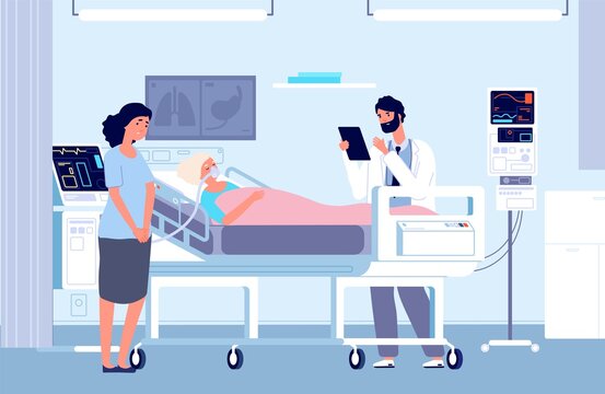 Sad woman in hospital. Intensive care unit, woman in oxygen mask and doctor. Artificial lung ventilation, elderly sick vector medical illustration. Hospital emergency respiratory therapy