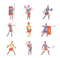 Fototapeta na wymiar Roman army. Ancient rome, war battle legion warrior. Isolated cartoon antique people in helmet costumes, flat empire army vector characters. Roman army, spartan character with weapon illustration