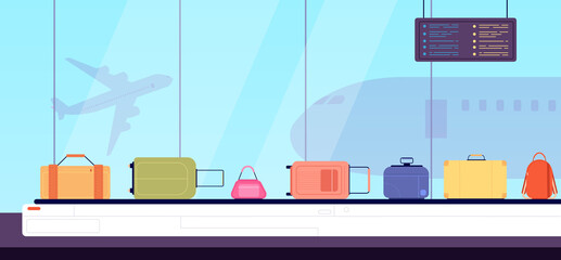 Naklejka premium Luggage on belt. Flat color suitcases, airport conveyor and vacation baggage. Cartoon bag checking in arrival terminal vector illustration. Suitcase in airport conveyor, belt for luggage