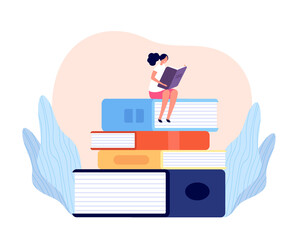 Girl reading book. Outdoor learning, female read and relax on books pile. Isolated student, person study in library college vector concept. Character reading literature book illustration