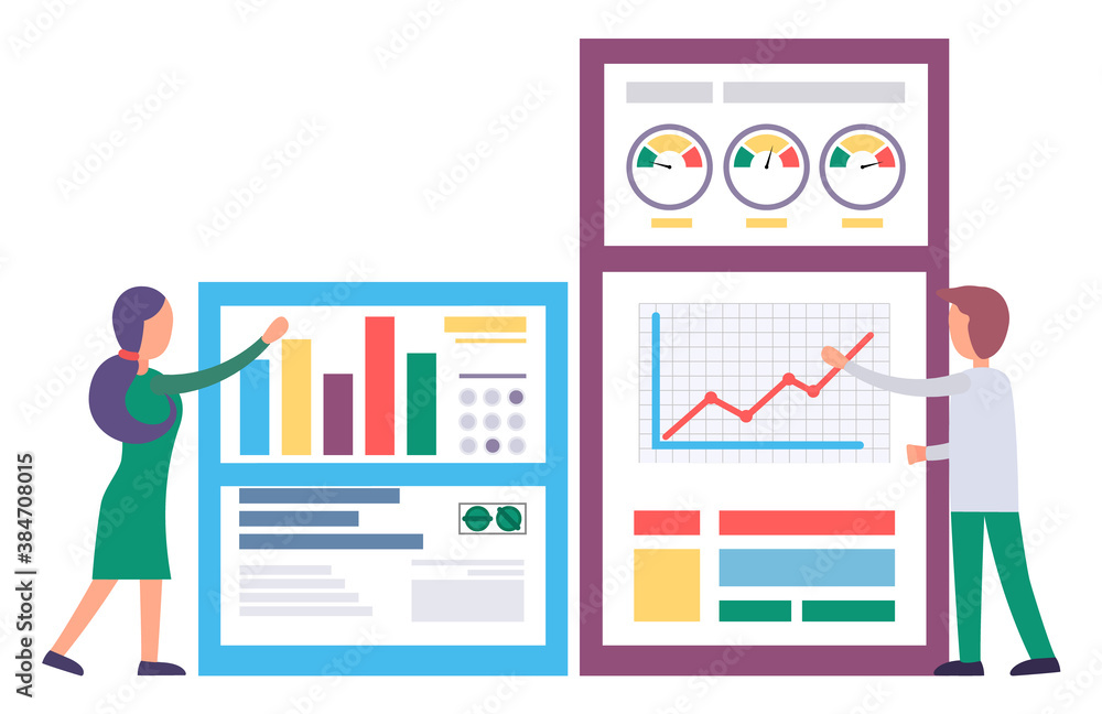 Poster man and woman working with growth graph statistic on board. teamwork cooperation for building busine