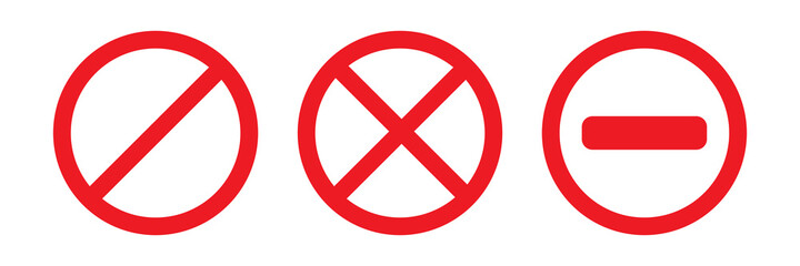 Forbidden icons set. Red prohibited icon. Stop warn in circle. Restriction symbol.