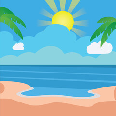 Fototapeta na wymiar Ocean view with clouds, coconut trees, and shiny sun vector illustration