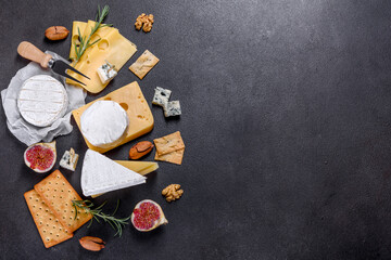 Beautiful delicious camembert cheese, parmesan, brie with grapes and figs