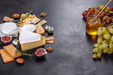 Fototapeta na wymiar Beautiful delicious camembert cheese, parmesan, brie with grapes and figs