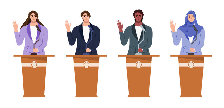 Smiling Woman in Suit Waving hand in an Election & Political Campaign or Debate. Multicultural and Diversity Big People Flat Design Cartoon Style Vector Illustration - Powered by Adobe